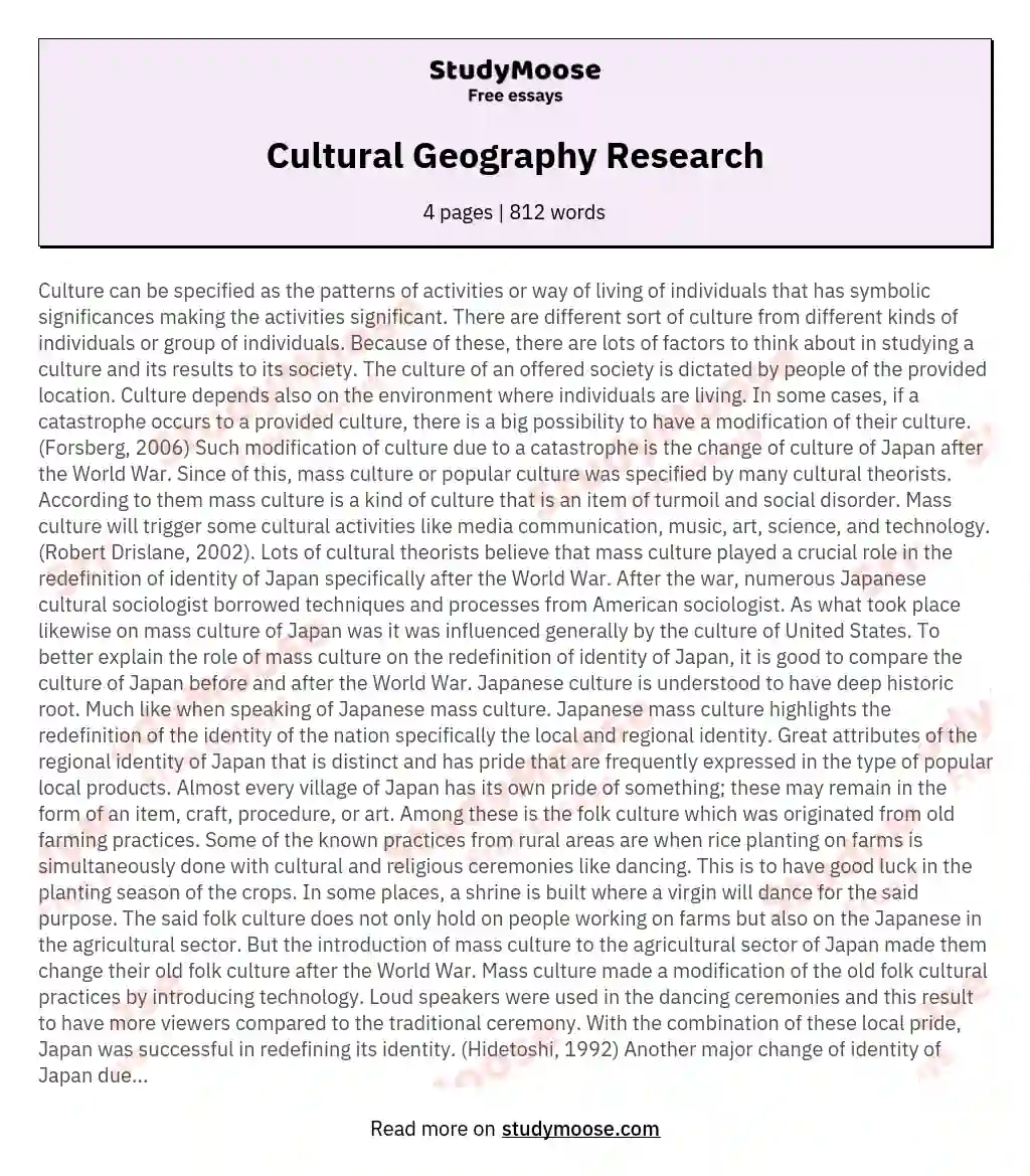 Cultural Geography Research essay