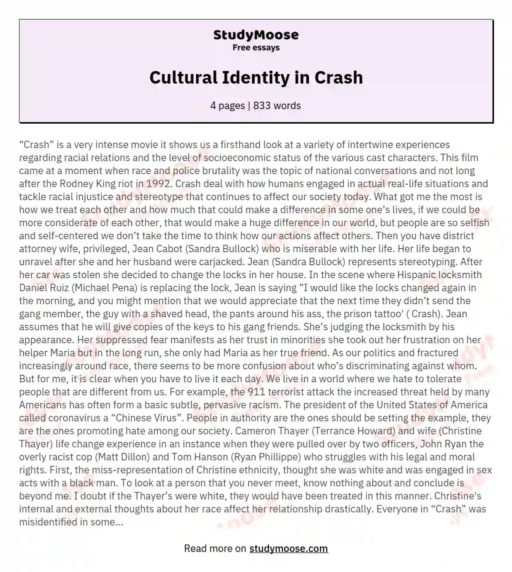 Cultural Identity in Crash essay