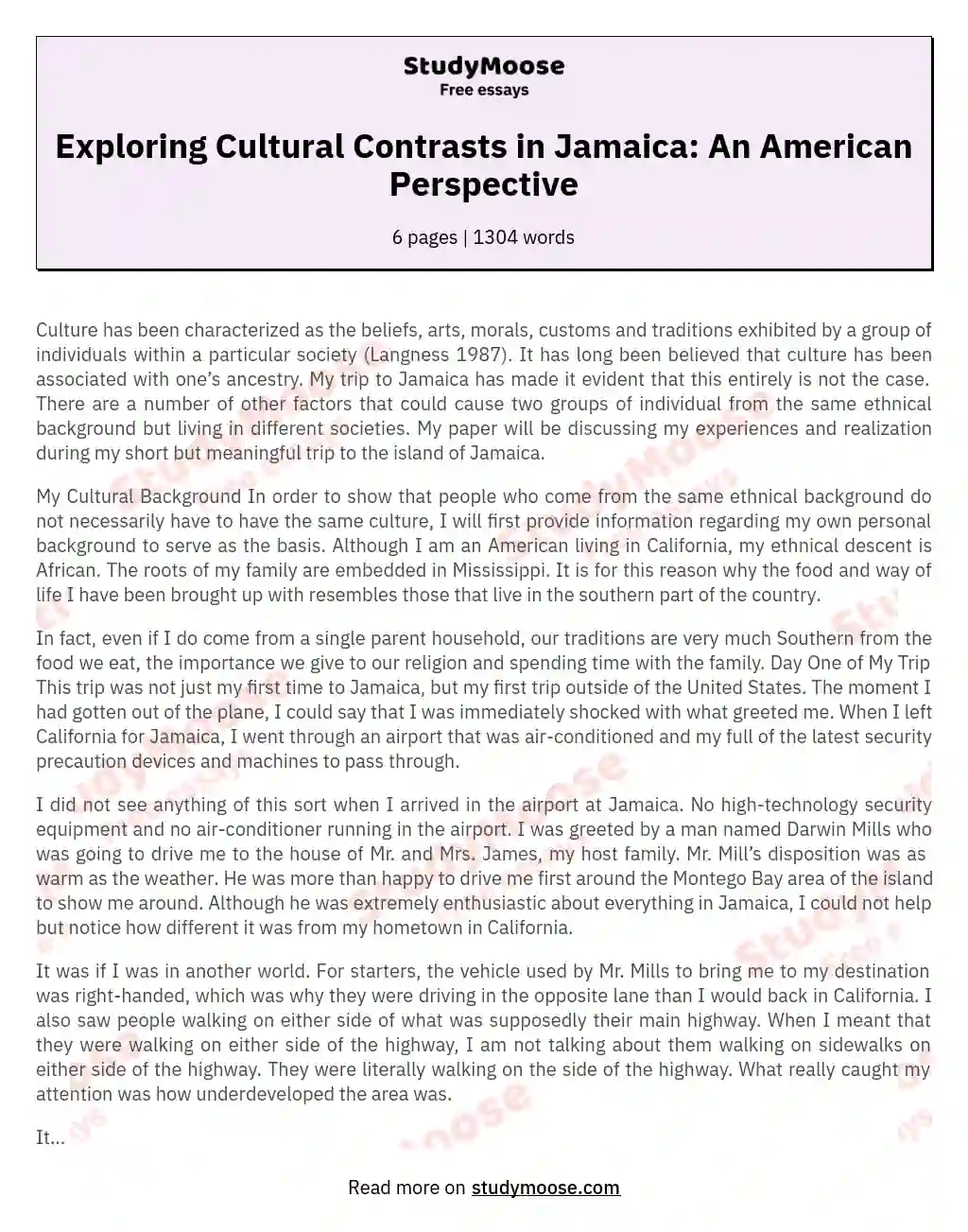 Exploring Cultural Contrasts in Jamaica: An American Perspective essay