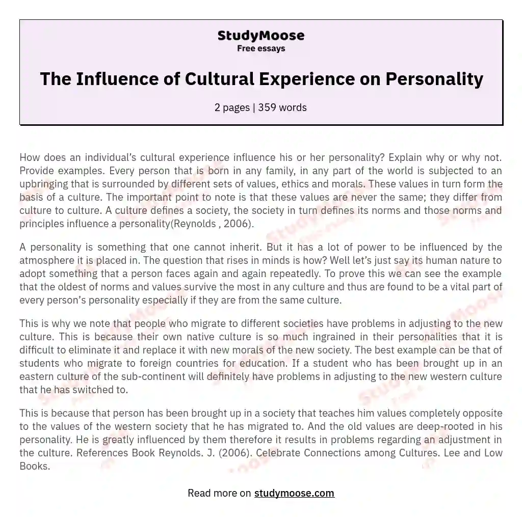 The Influence of Cultural Experience on Personality essay