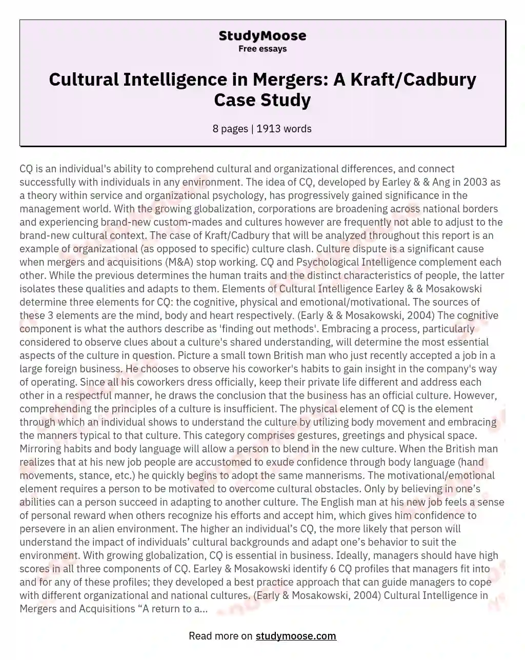 Cultural Intelligence in Mergers: A Kraft/Cadbury Case Study essay