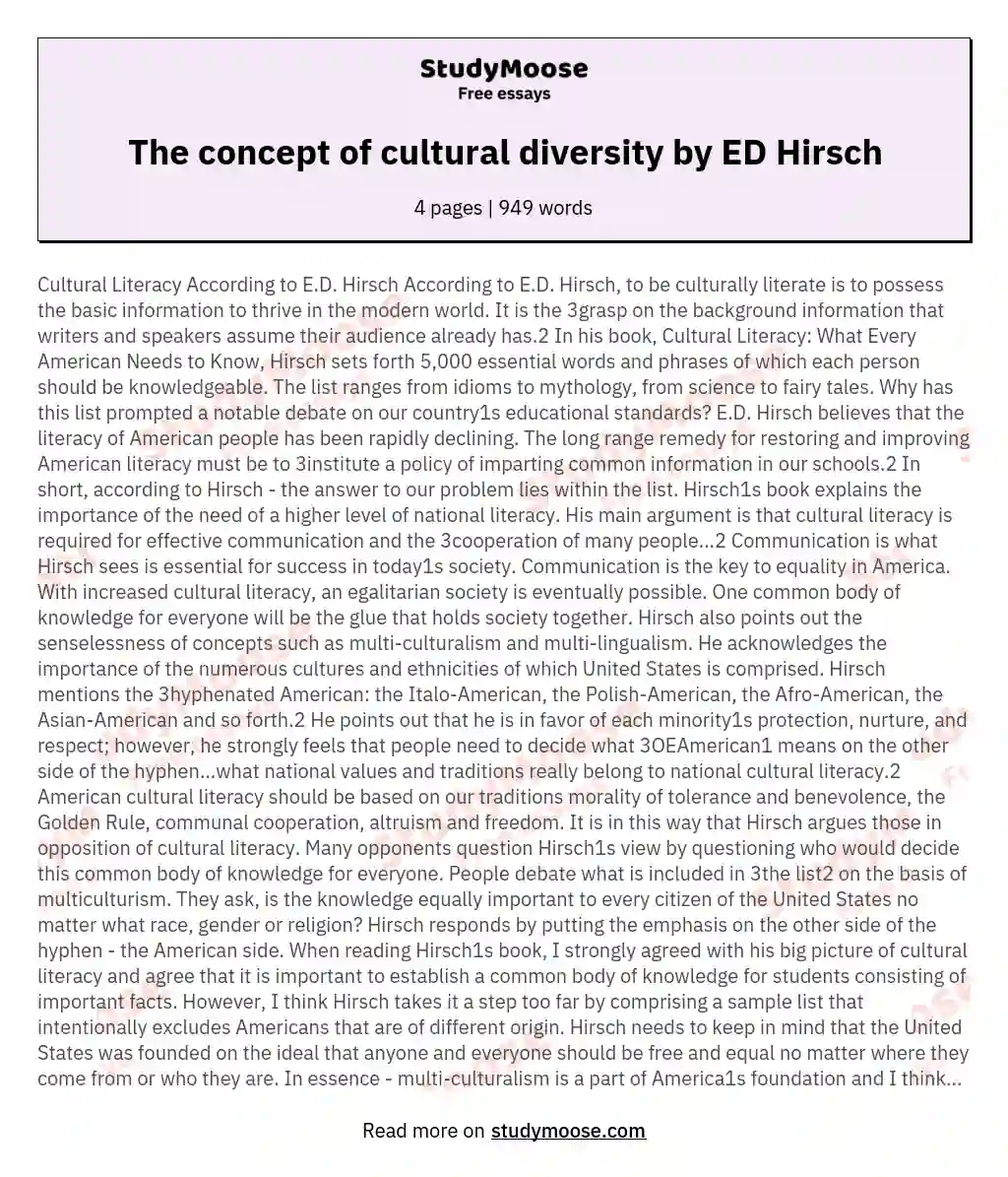 The concept of cultural diversity by ED Hirsch essay