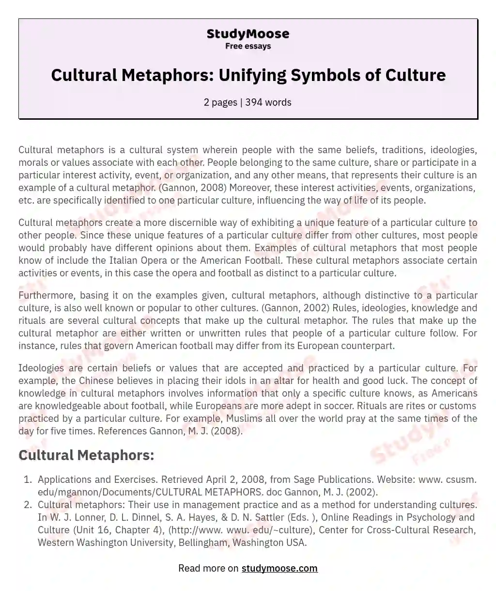 Cultural Metaphors: Unifying Symbols of Culture essay