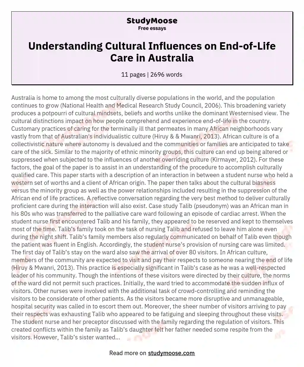Understanding Cultural Influences on End-of-Life Care in Australia essay
