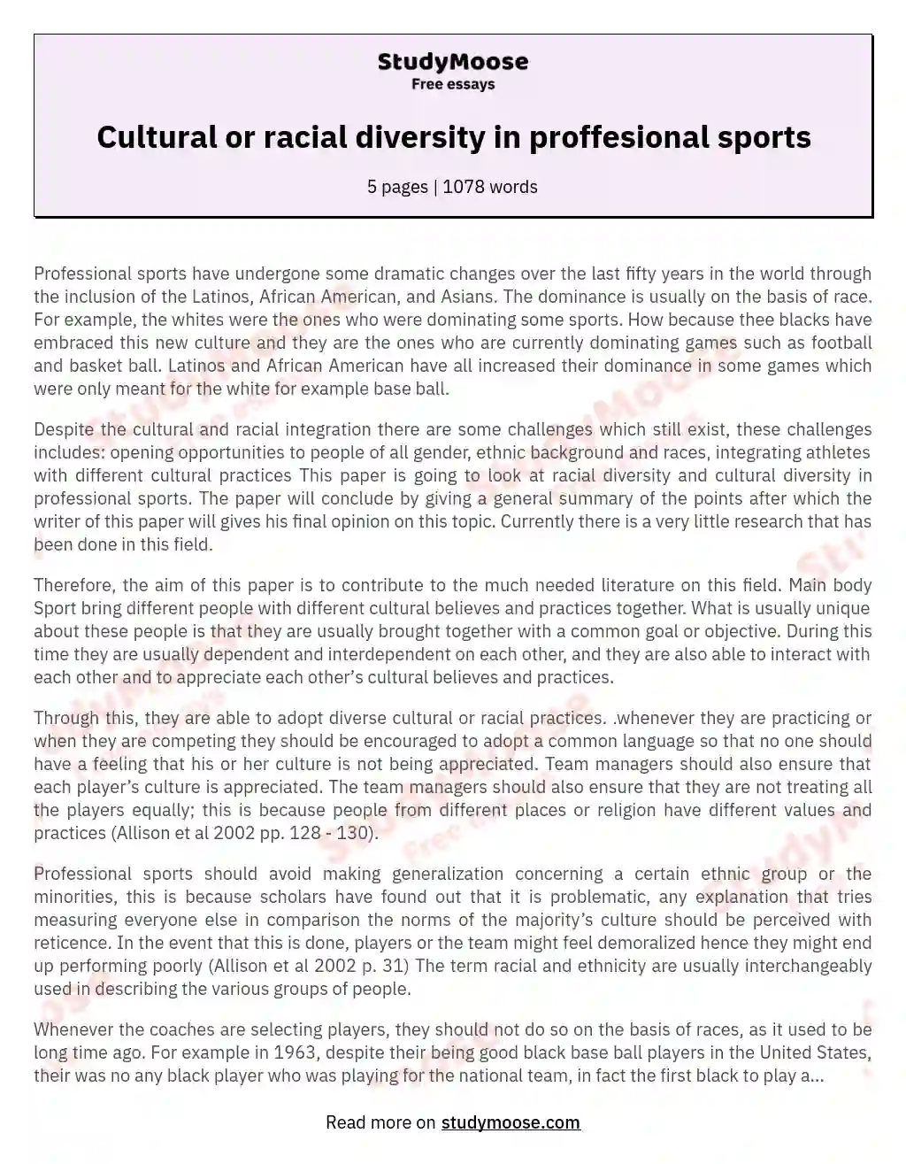 Cultural or racial diversity in proffesional sports essay
