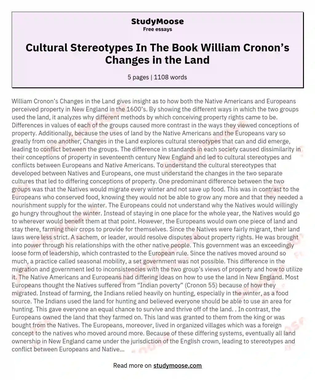 Cultural Stereotypes In The Book William Cronon’s Changes in the Land essay