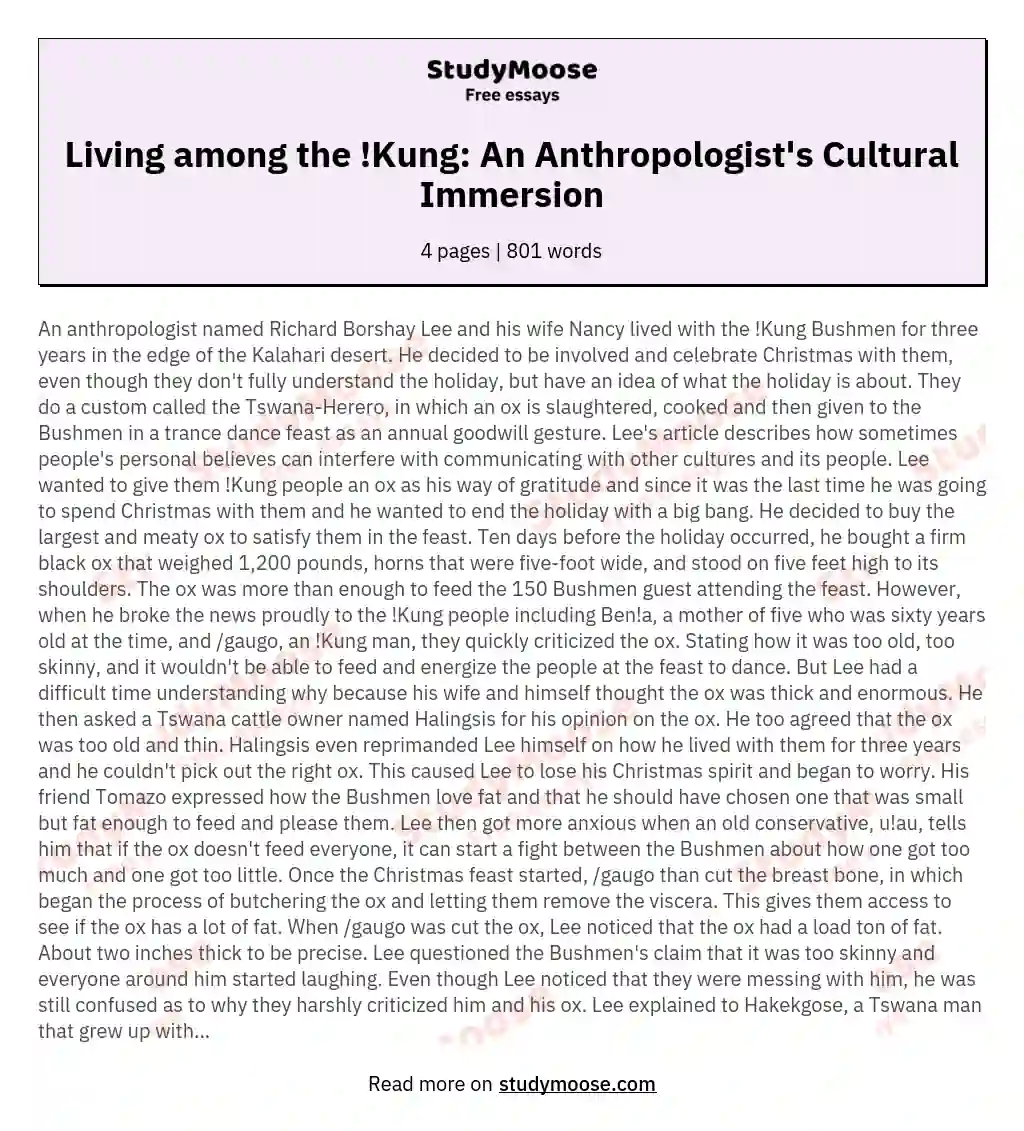 Living among the !Kung: An Anthropologist's Cultural Immersion essay