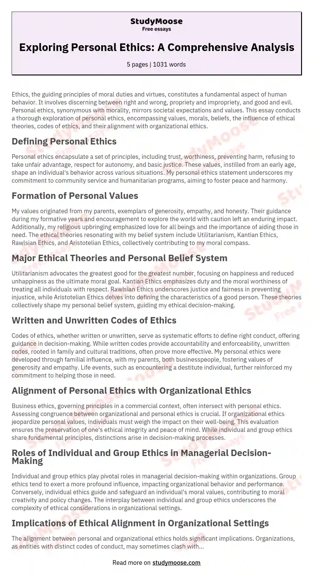 Exploring Personal Ethics: A Comprehensive Analysis essay