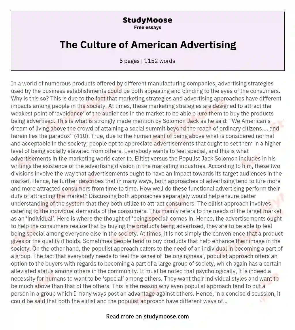 Реферат: The Culture Of American Advertising Essay Research
