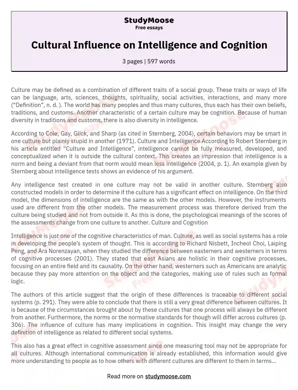 Cultural Influence on Intelligence and Cognition essay