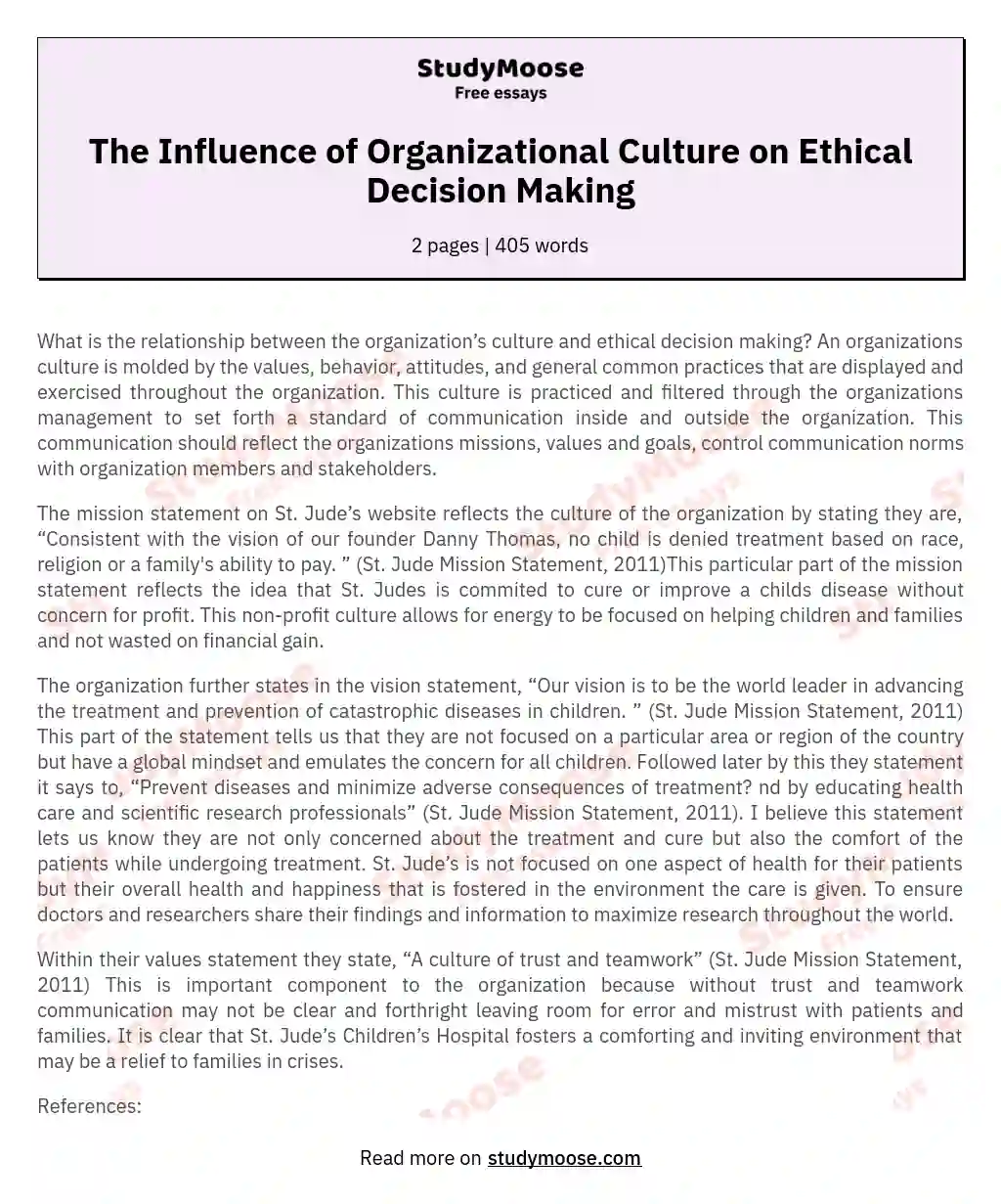 The Influence of Organizational Culture on Ethical Decision Making essay