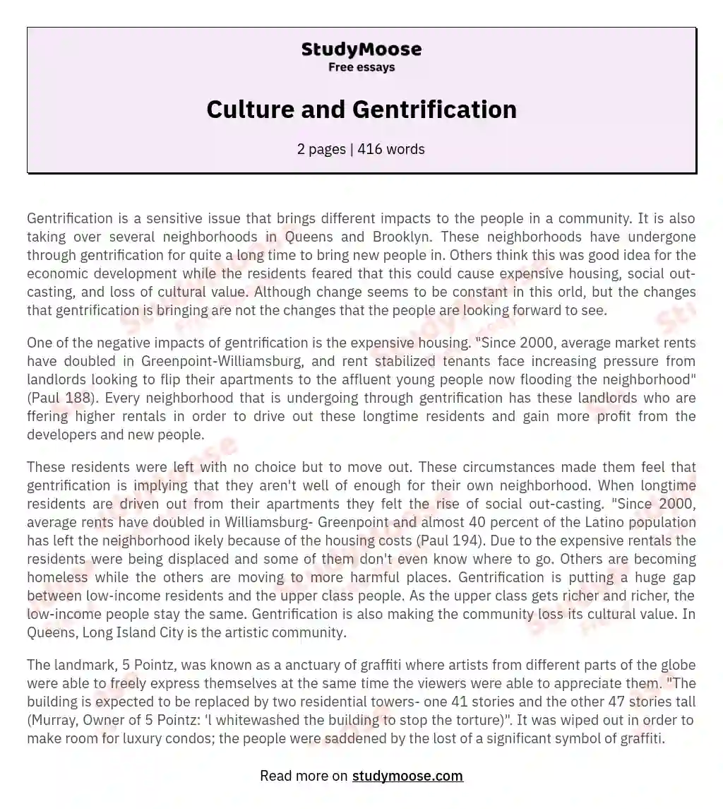 Culture and Gentrification essay