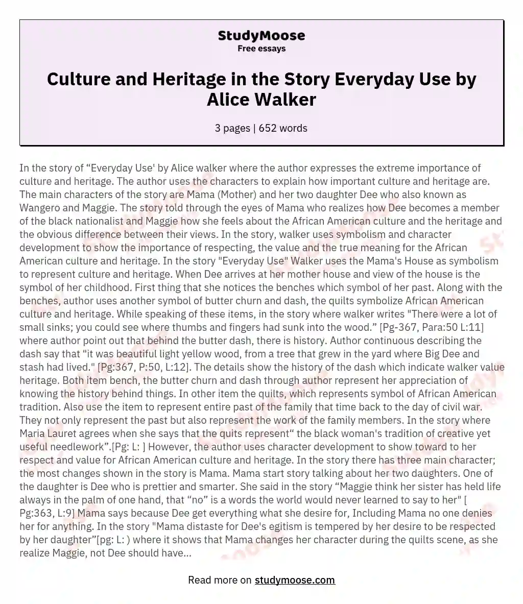 Culture and Heritage in the Story Everyday Use by Alice Walker essay