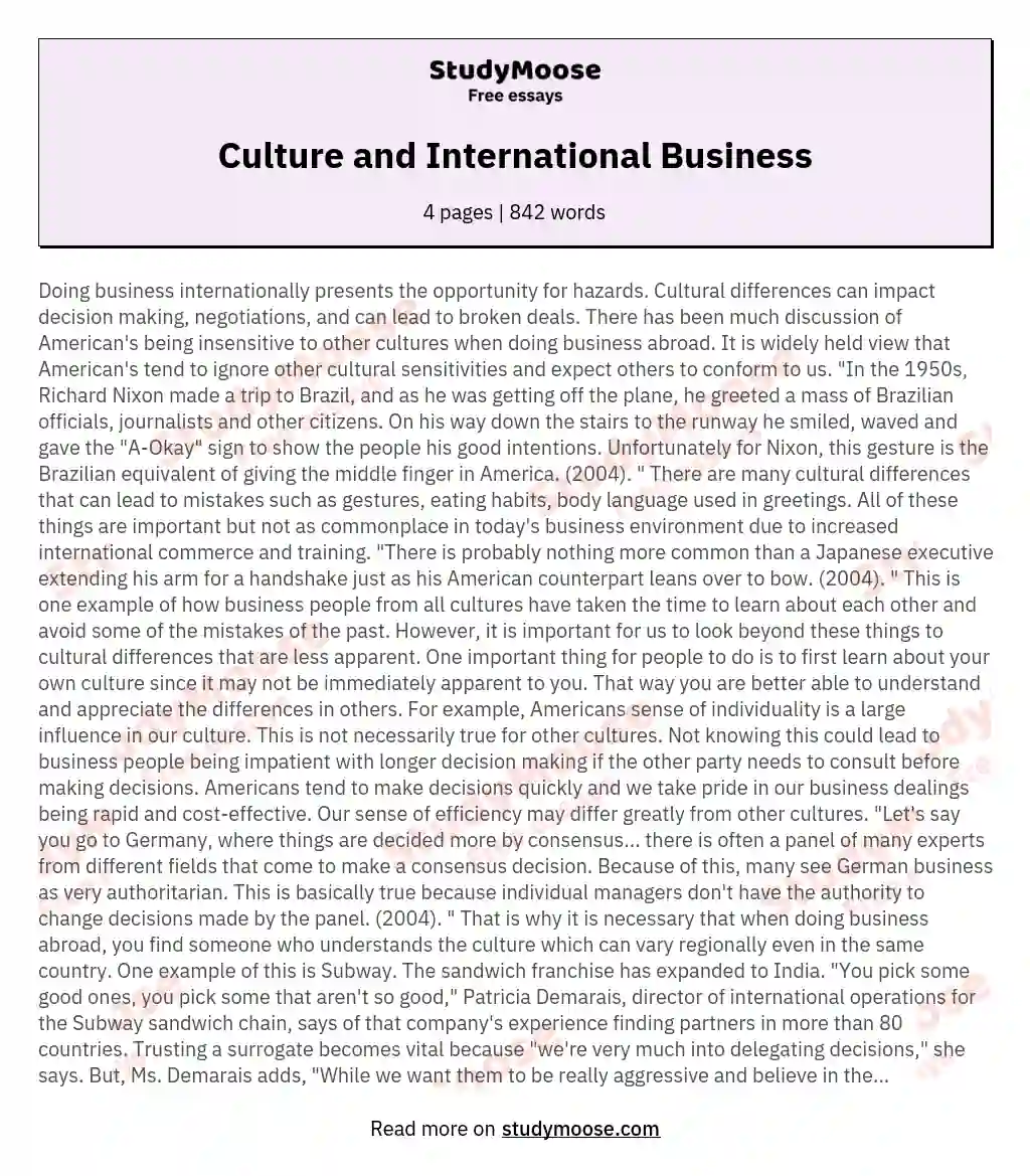 Culture and International Business essay
