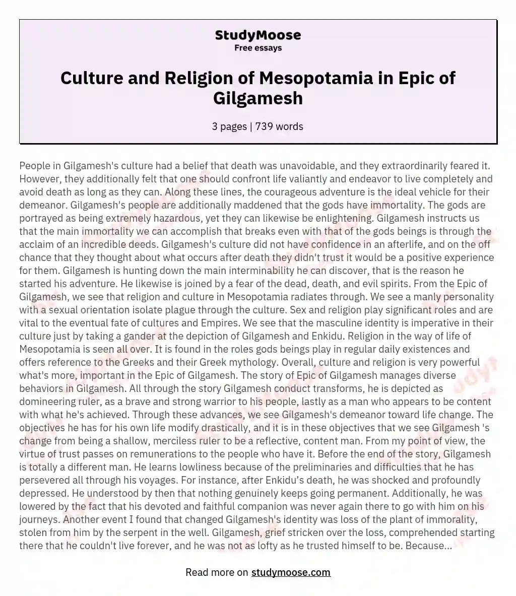 Culture and Religion of Mesopotamia in Epic of Gilgamesh essay