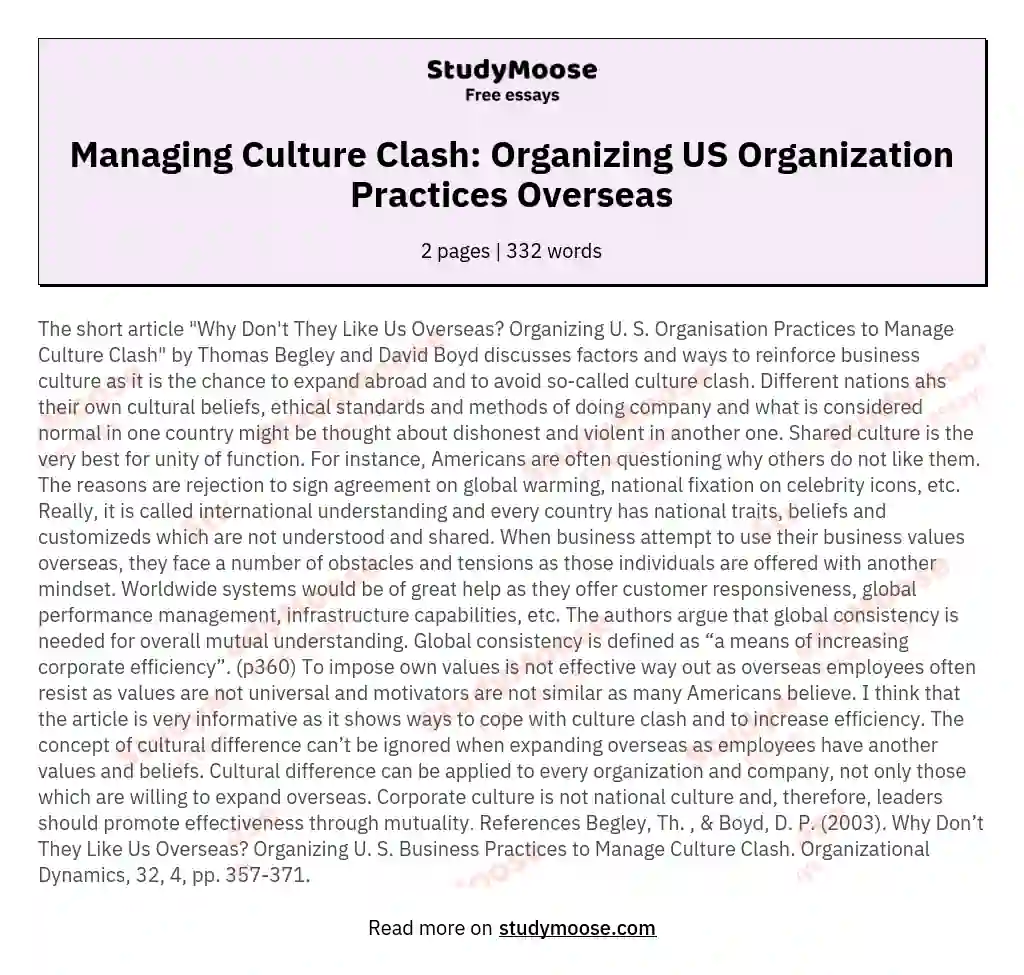 Managing Culture Clash: Organizing US Organization Practices Overseas essay