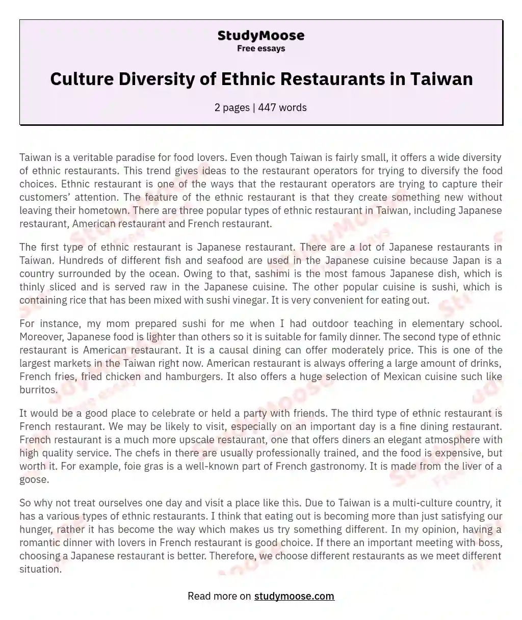 Culture Diversity of Ethnic Restaurants in Taiwan essay