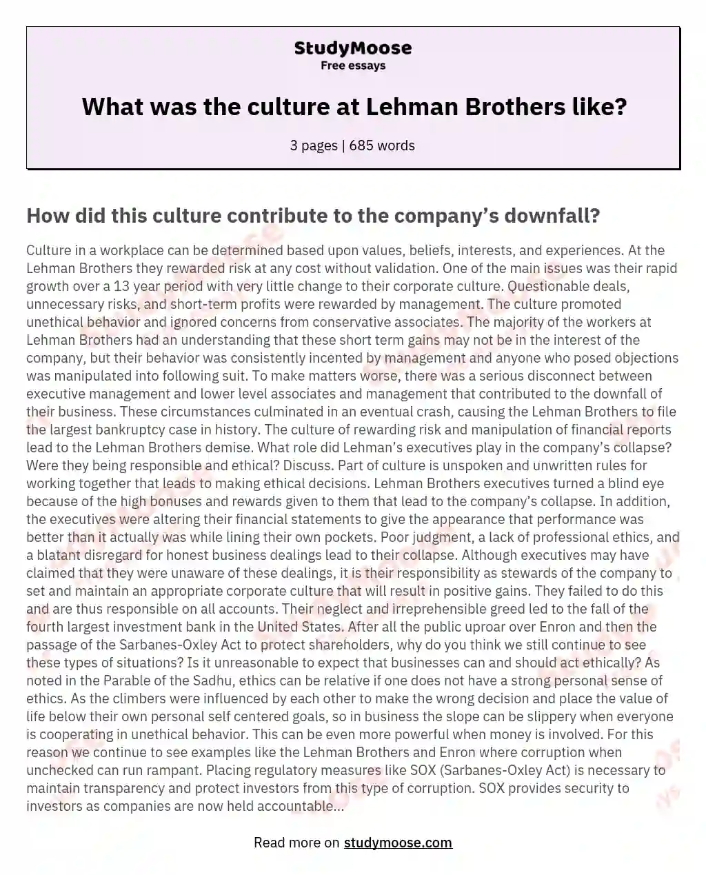 What was the culture at Lehman Brothers like? essay