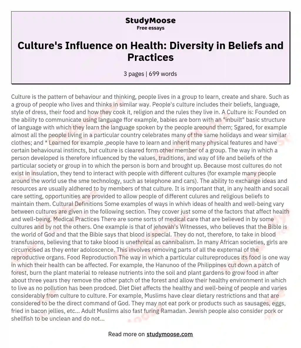 Culture's Influence on Health: Diversity in Beliefs and Practices essay