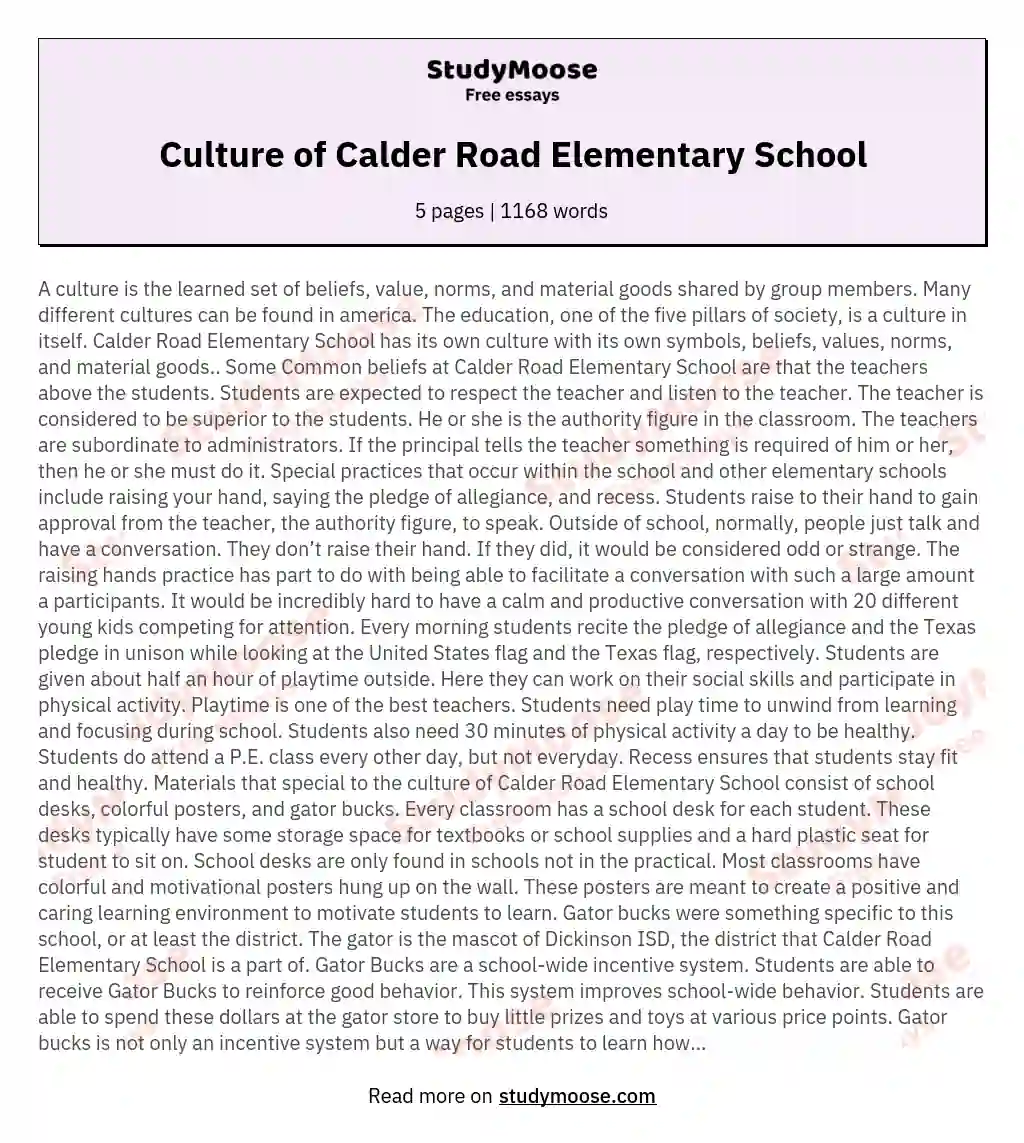 Culture of Calder Road Elementary School