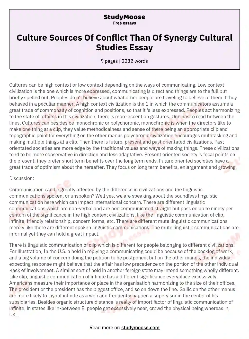 Culture Sources Of Conflict Than Of Synergy Cultural Studies Essay essay