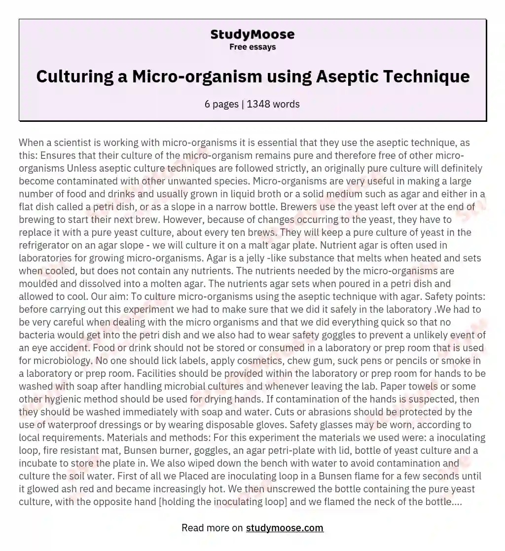 Culturing a Micro-organism using Aseptic Technique essay
