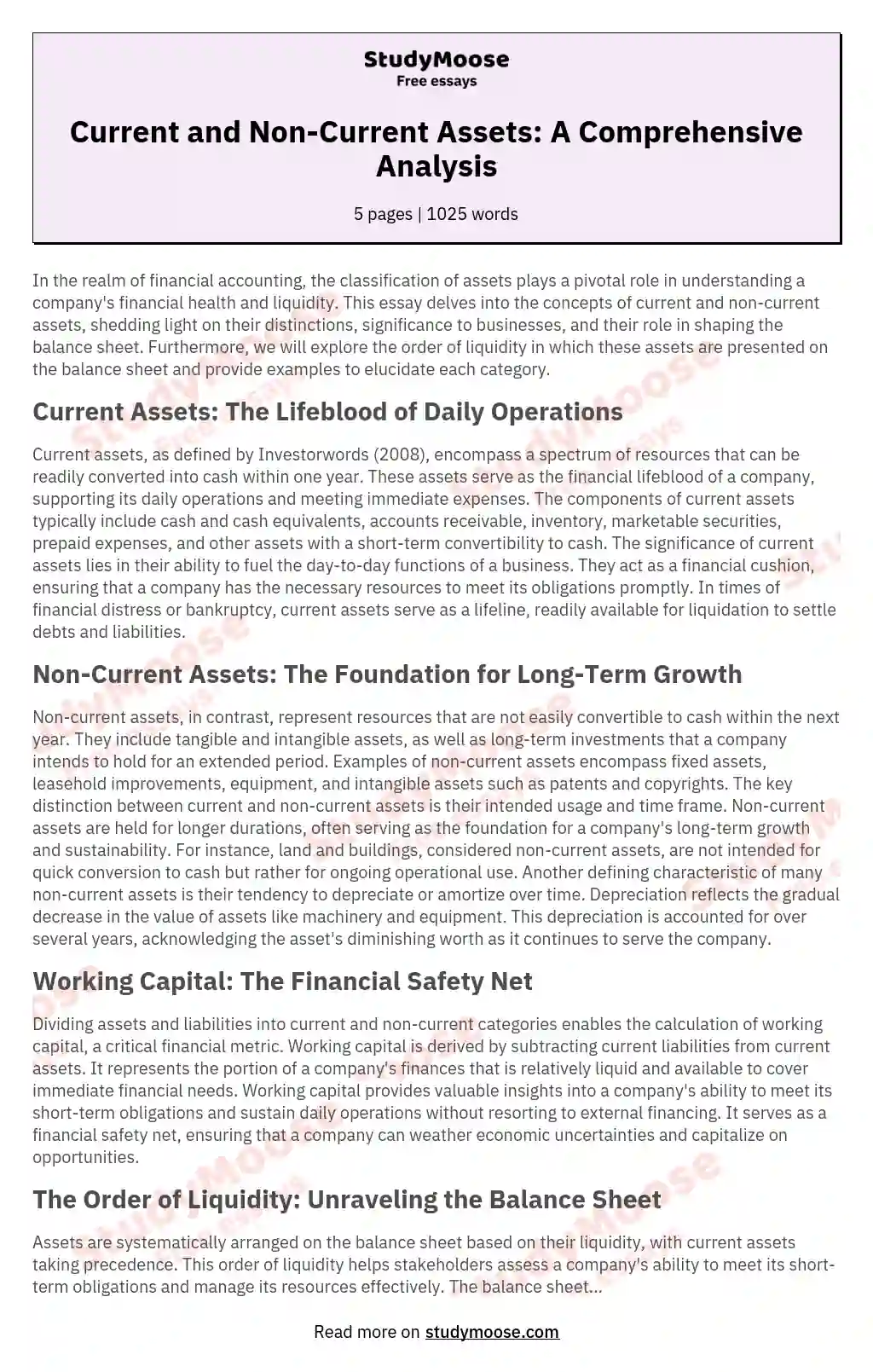Current and Non-Current Assets: A Comprehensive Analysis essay
