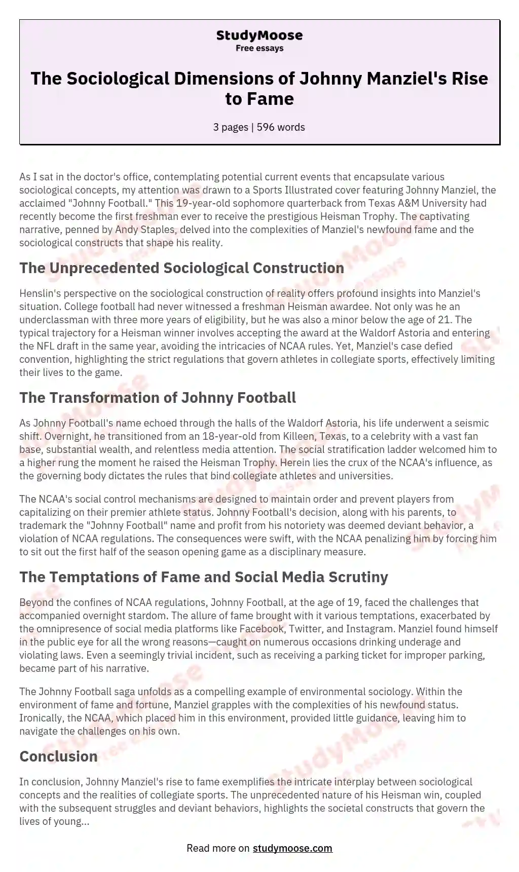 The Sociological Dimensions of Johnny Manziel's Rise to Fame essay