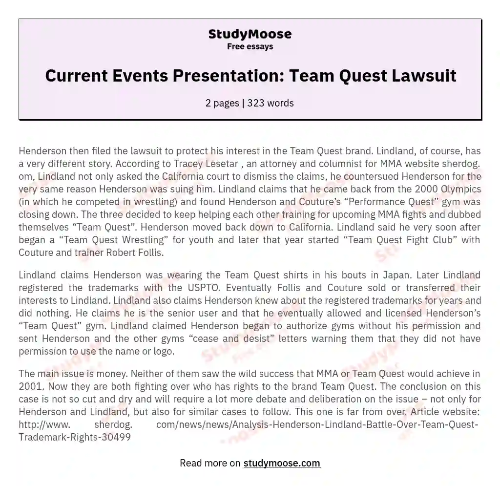 Current Events Presentation: Team Quest Lawsuit essay