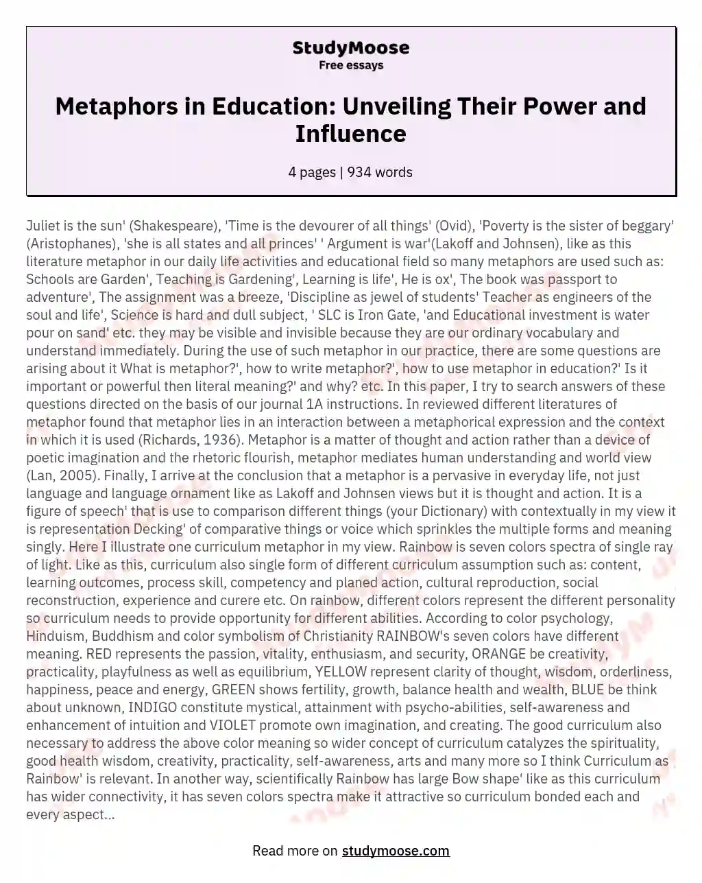 Metaphors in Education: Unveiling Their Power and Influence essay