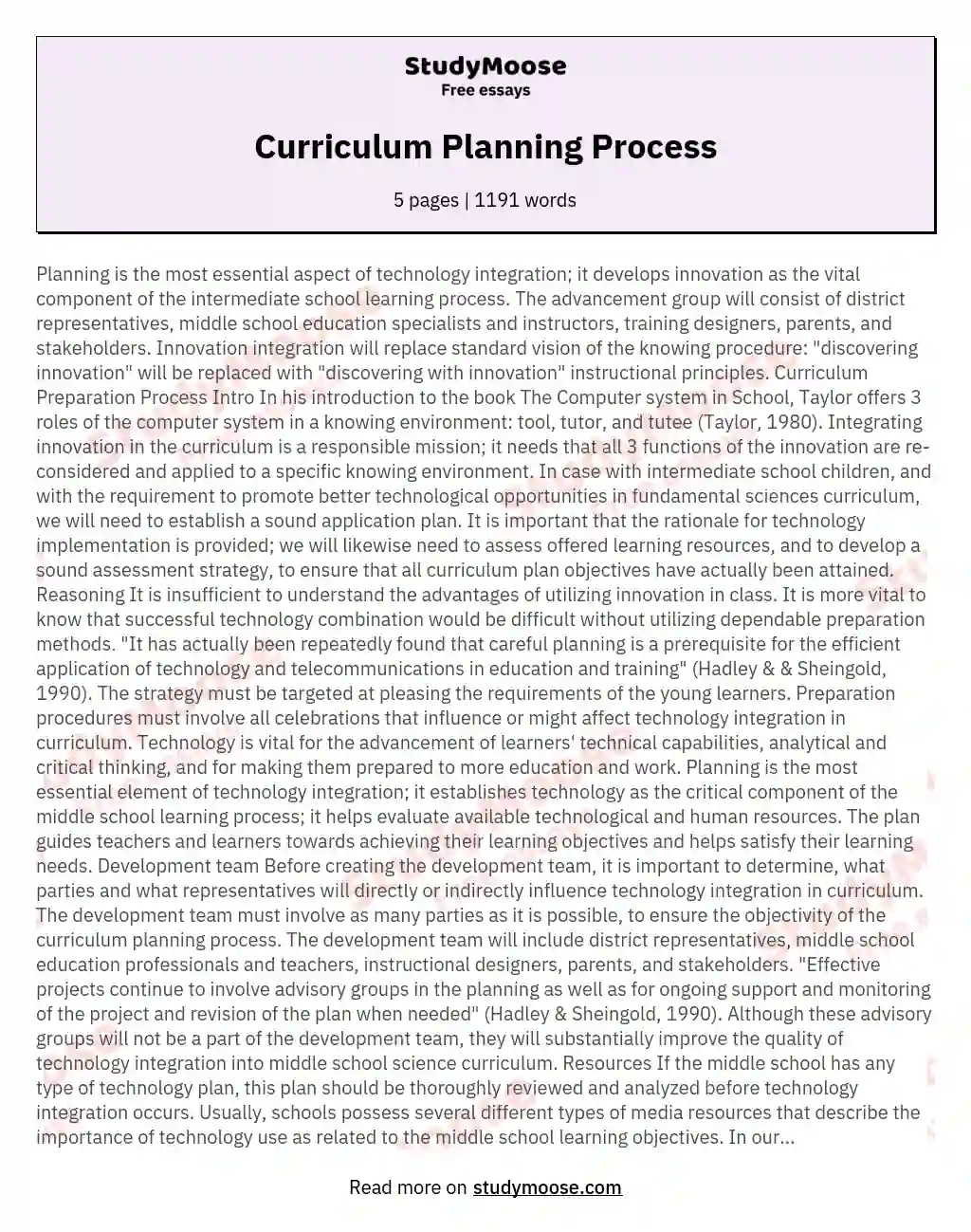 curriculum and planning reflection essay