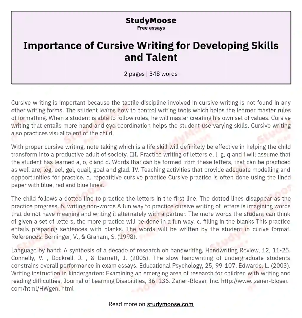 Importance of Cursive Writing for Developing Skills and Talent essay