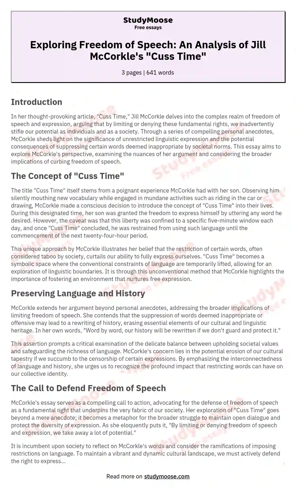 Exploring Freedom of Speech: An Analysis of Jill McCorkle's "Cuss Time" essay