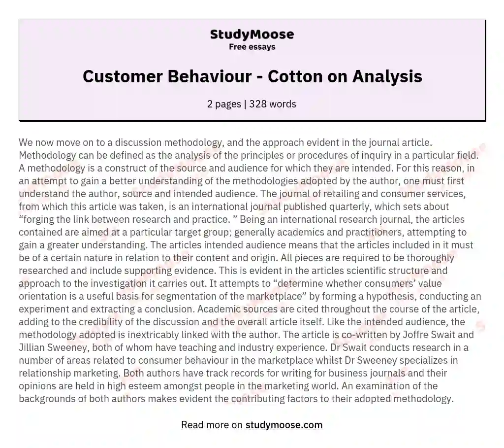 Customer Behaviour - Cotton on Analysis essay