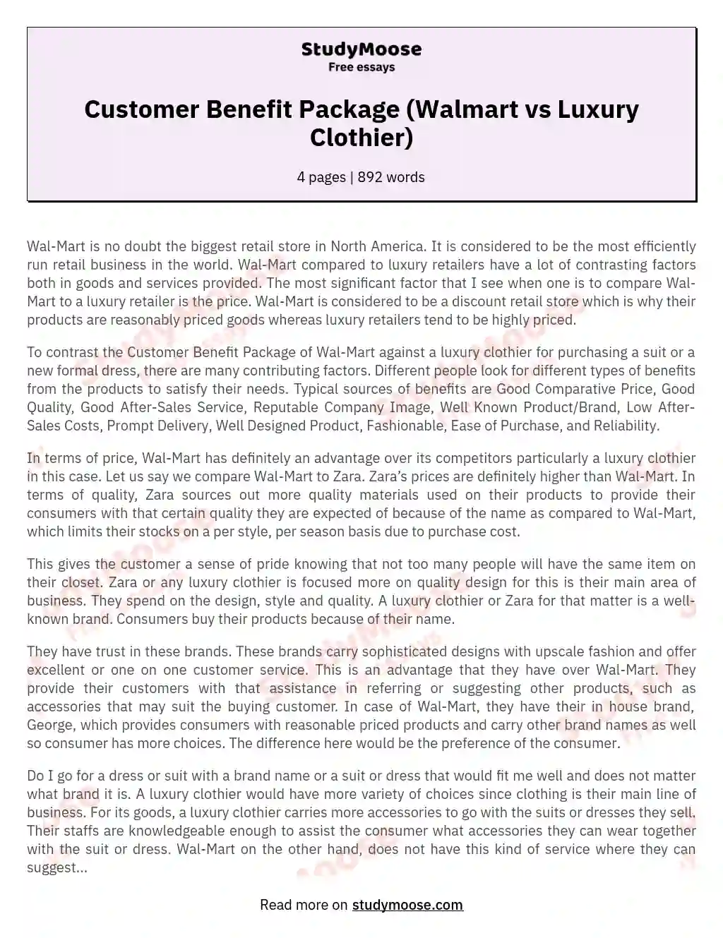 Customer Benefit Package (Walmart vs Luxury Clothier) essay