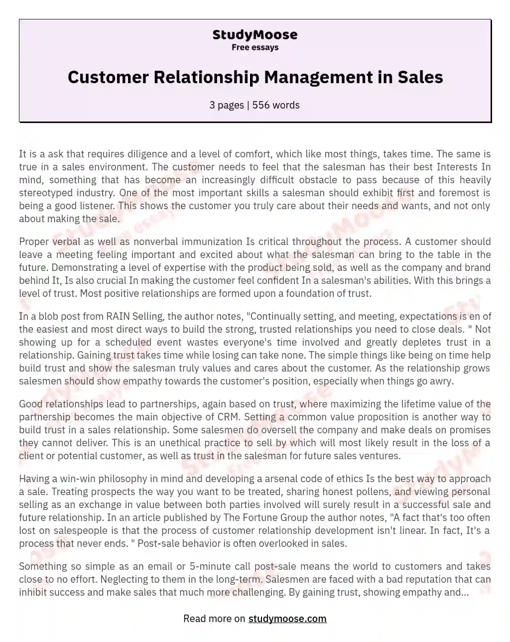 Customer Relationship Management in Sales essay