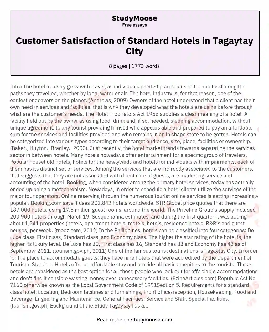 Customer Satisfaction of Standard Hotels in Tagaytay City essay