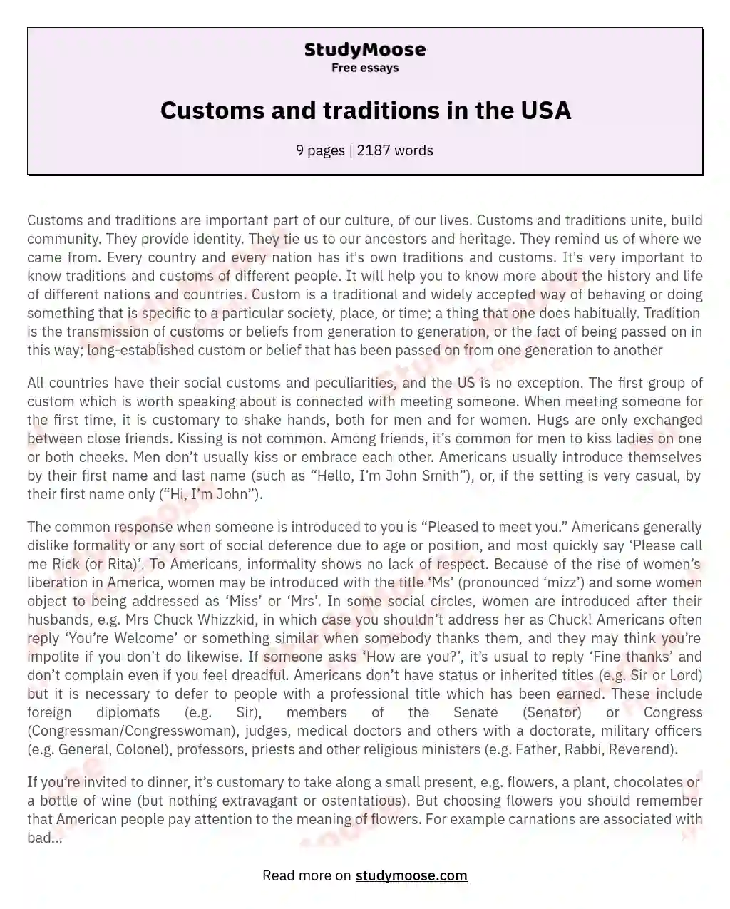 Customs and traditions in the USA essay