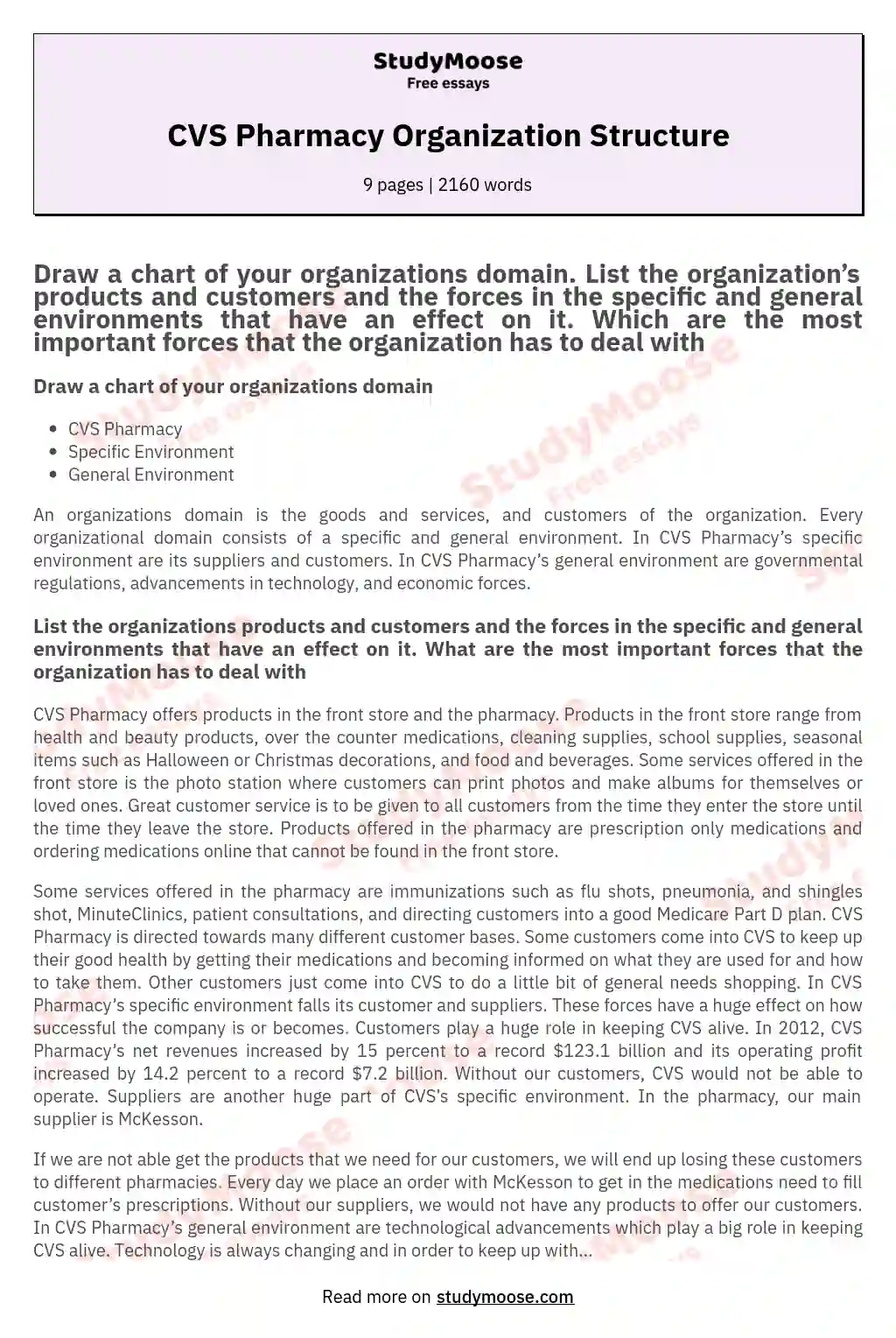CVS Pharmacy Organization Structure essay