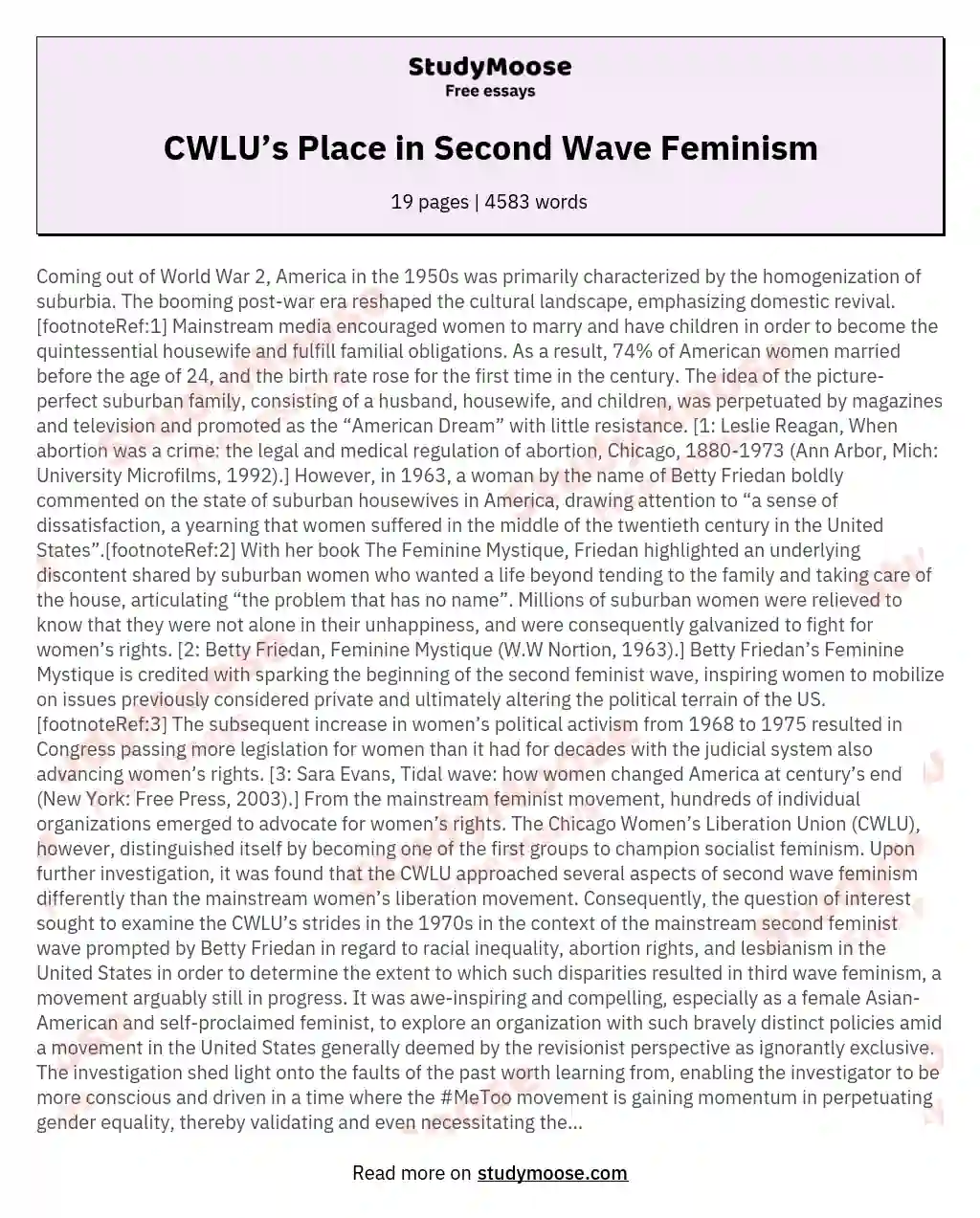 CWLU’s Place in Second Wave Feminism essay