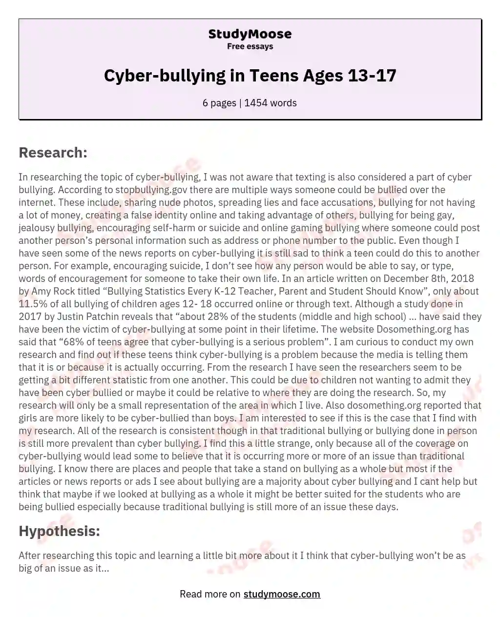 Cyber-bullying in Teens Ages 13-17 essay