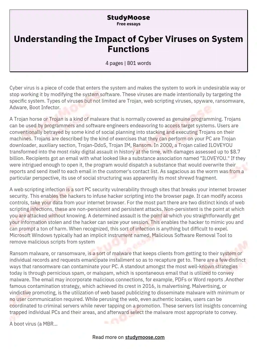 Understanding the Impact of Cyber Viruses on System Functions essay