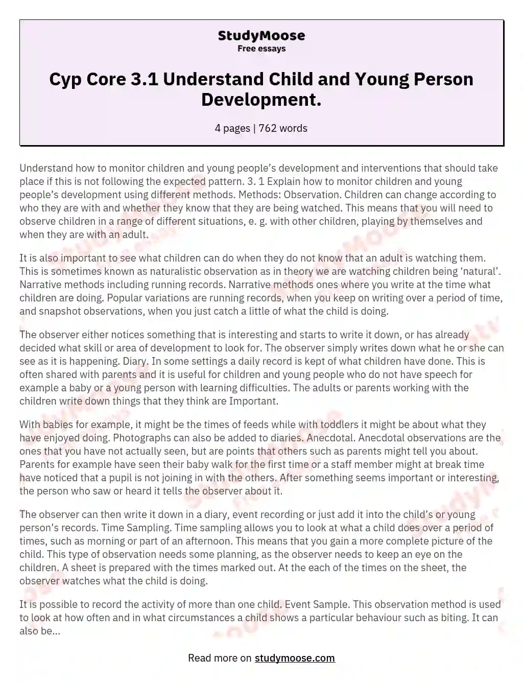 Cyp Core 3.1 Understand Child and Young Person Development. essay
