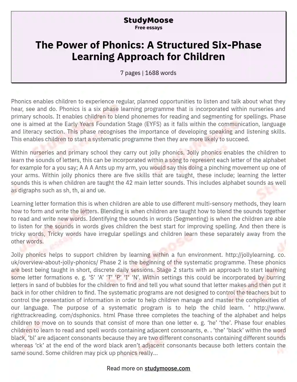 The Power of Phonics: A Structured Six-Phase Learning Approach for Children essay