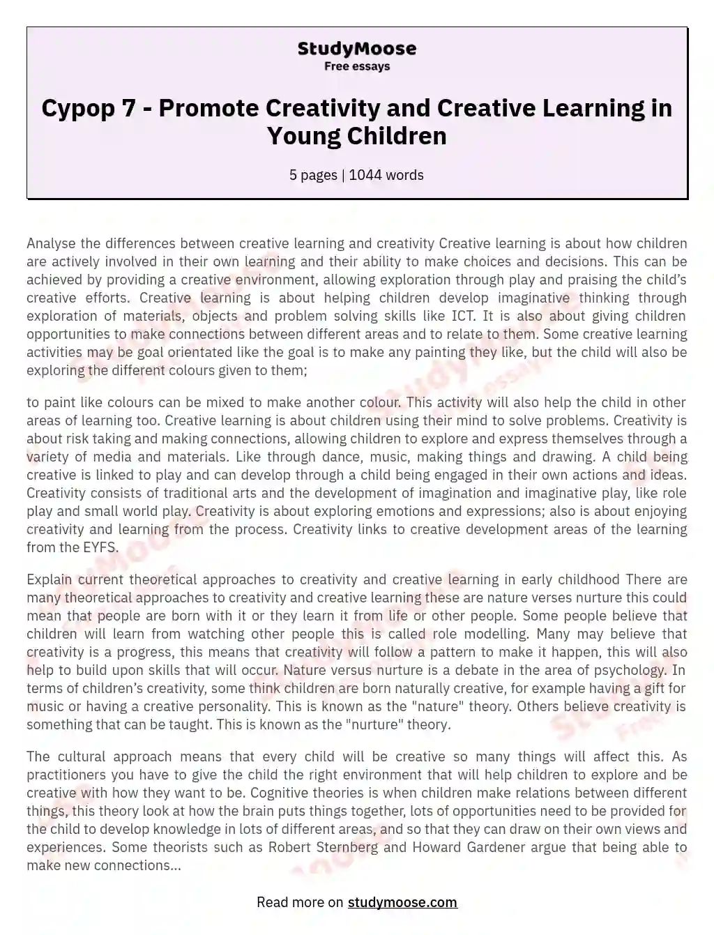 Cypop 7 - Promote Creativity and Creative Learning in Young Children essay