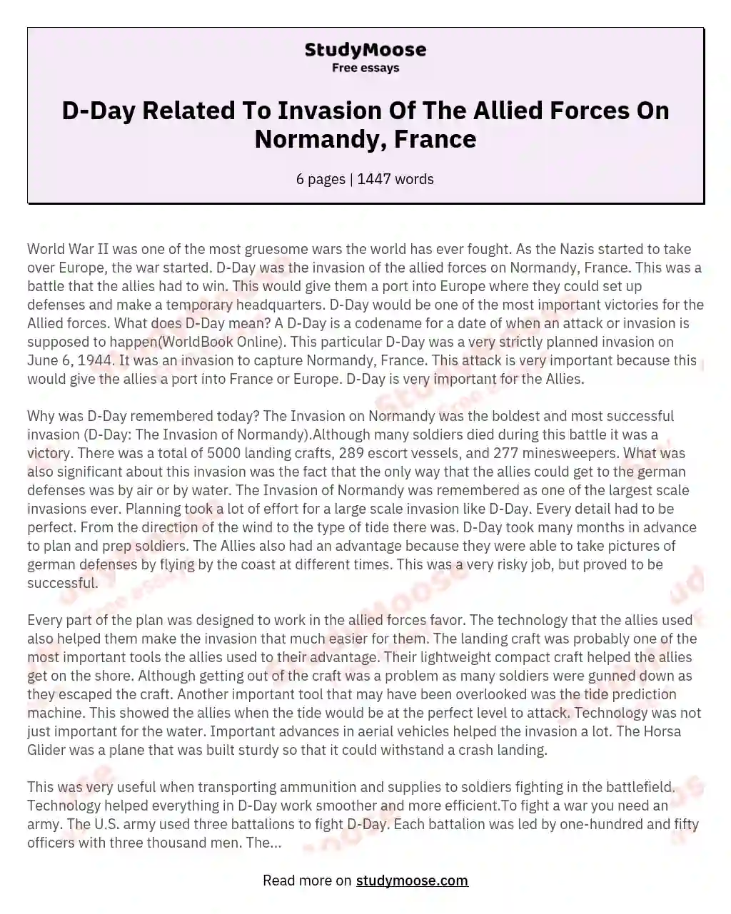 D-Day Related To Invasion Of The Allied Forces On Normandy, France essay