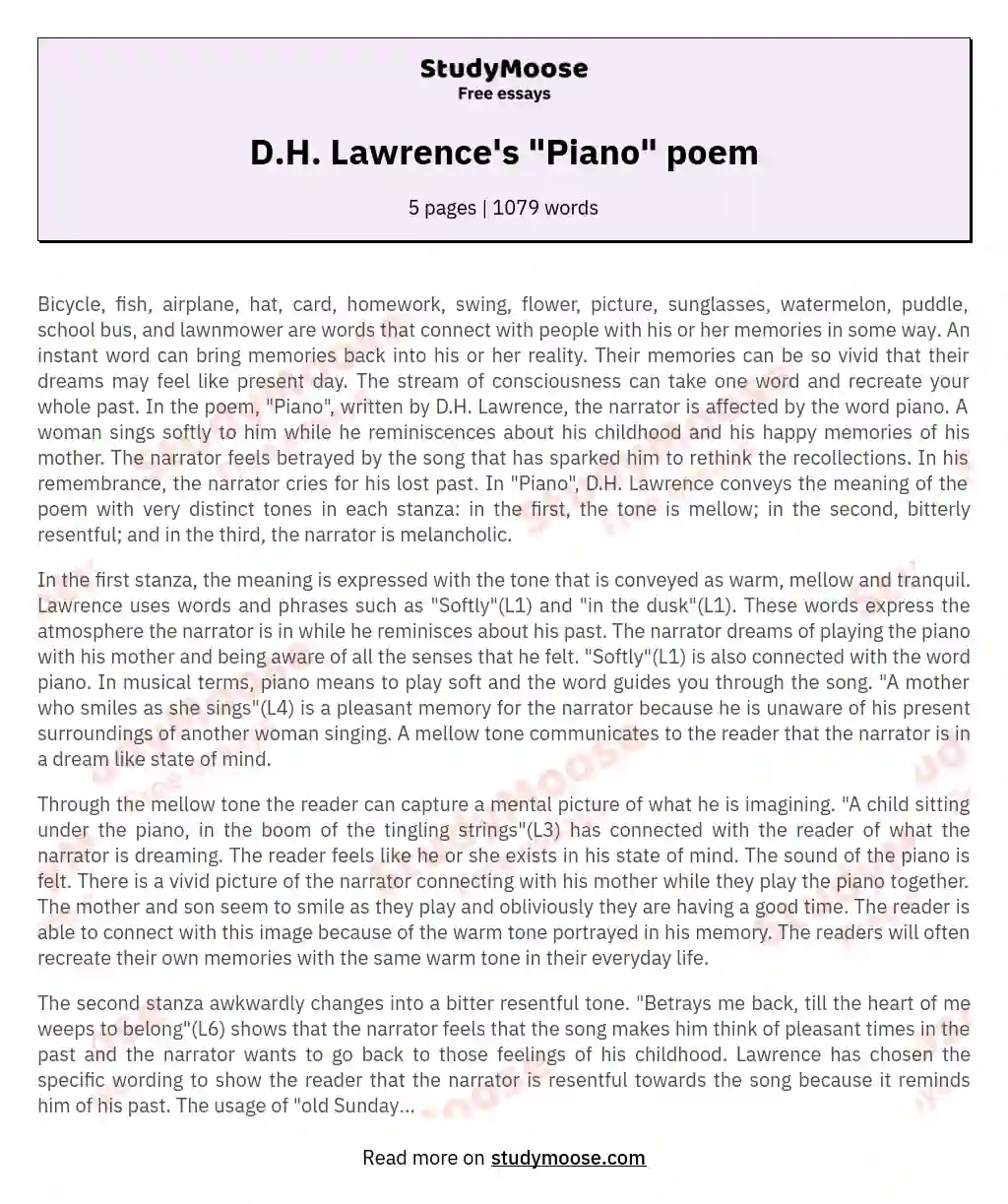 D.H. Lawrence's "Piano" poem essay