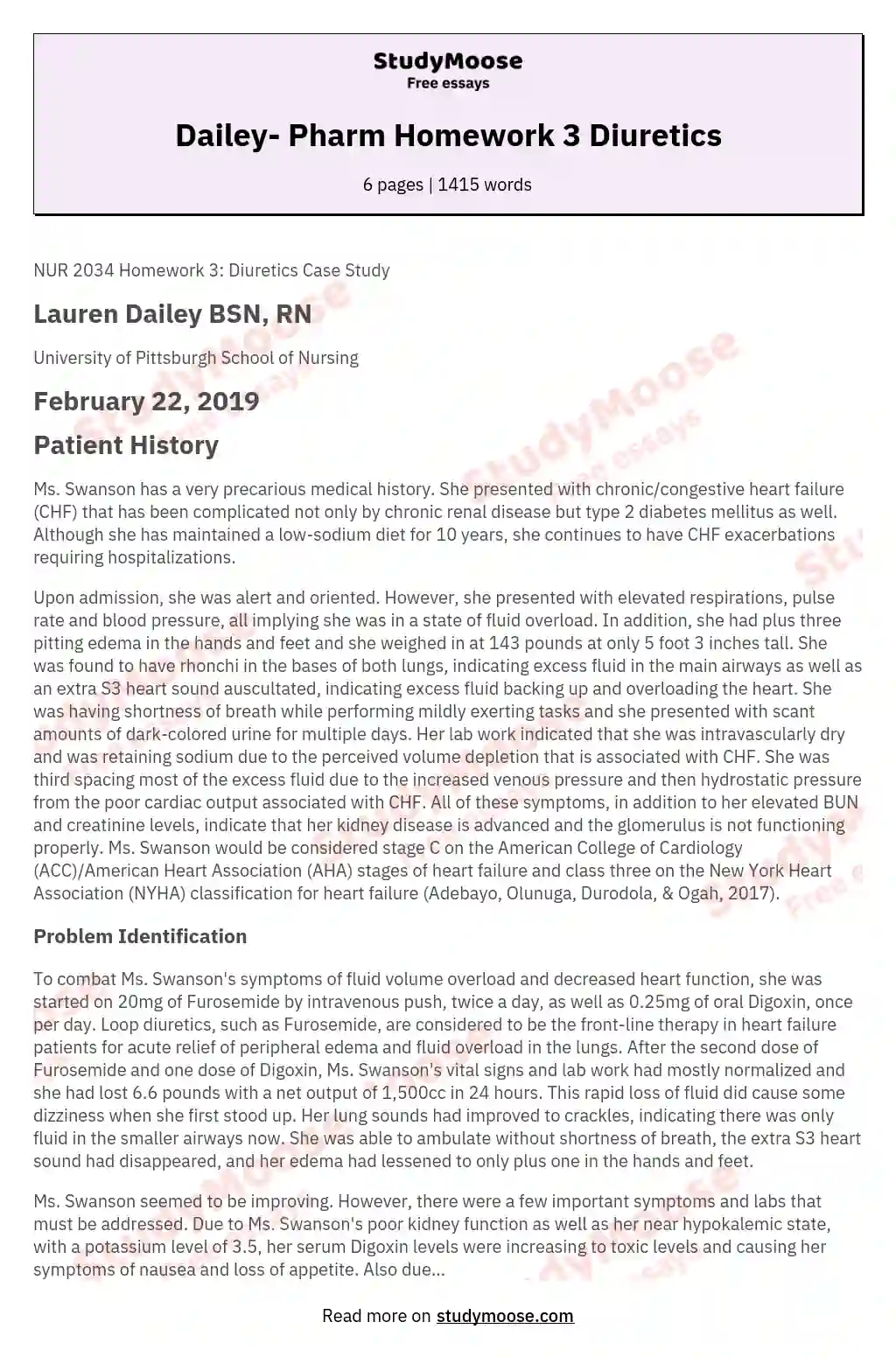 Dailey- Pharm Homework 3 Diuretics essay