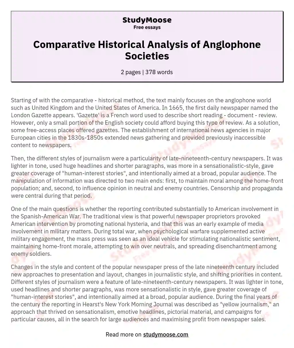 Comparative Historical Analysis of Anglophone Societies essay