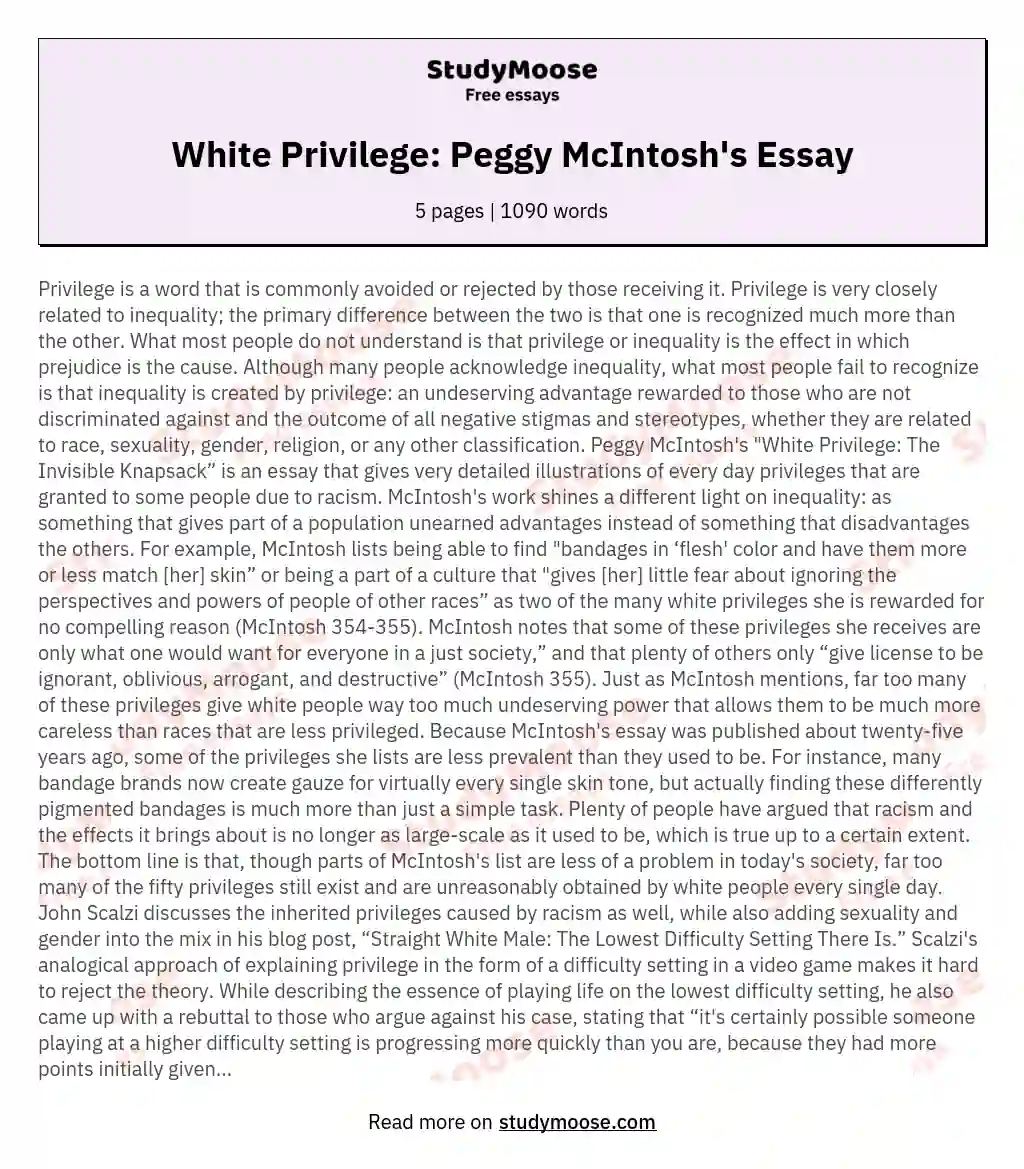 White Privilege: Peggy McIntosh's Essay essay